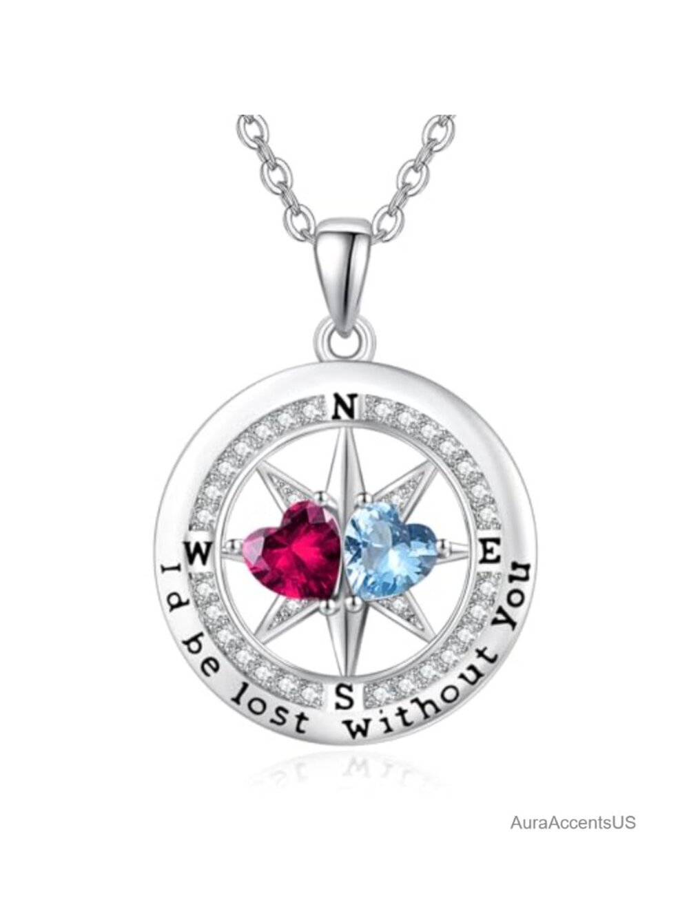 White Gold Plated Compass Birthstone Pendant Necklace Double Heart